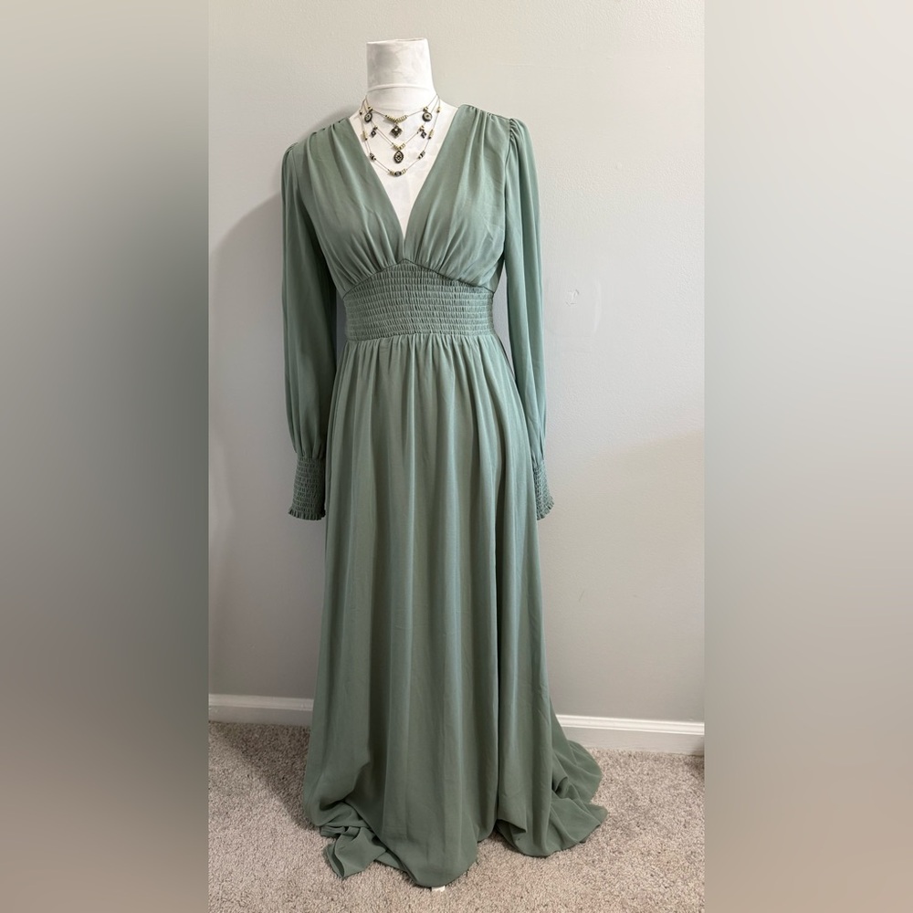 Baltic Born Olivia V-Neck Smocked Waist Maxi Dress in Eucalyptus - Picture 2 of 5